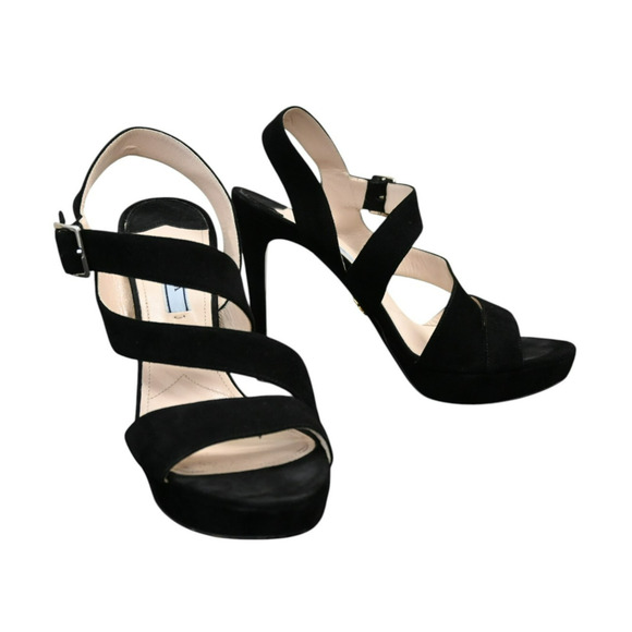 Prada Open Toe Stiletto Heels Size 38.5 Black Suede Buckle Closure 5 inch - Picture 1 of 11